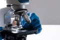 Close up of hand in glove using laboratory microscope and copy space on white background Royalty Free Stock Photo