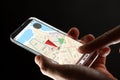 Close up of hand with gps map on smartphone Royalty Free Stock Photo