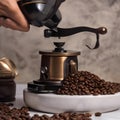 A close-up of a hand grinding coffee beans in an antique manual coffee grinder2