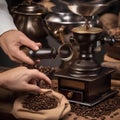 A close-up of a hand grinding coffee beans in an antique manual coffee grinder1