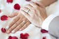 Close up hand groom couple lovers show wear the Wedding Ring on bride Holding hands together