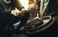 Close up hand heavy industrial worker is working on metal work factory process by Cutting sheet steel with gas cutting machine Royalty Free Stock Photo