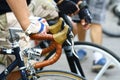 Close up hand hold bicycle handle Royalty Free Stock Photo