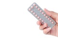 Close up hand hold birth-control pill on white background, health care and medicine concept Royalty Free Stock Photo