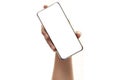 Close up hand hold phone isolated on white, mock-up smartphone white color blank screen