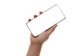 Close up hand hold phone isolated on white, mock-up smartphone white color blank screen