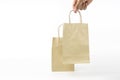 Close-up hand is holding blank or without logo paper shopping bag isolated on a white background Royalty Free Stock Photo