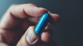 Close-up of a hand holding a blue capsule