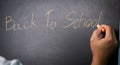 Close-up of a Hand holding a chalk and writing writing Back to school on the Blackboard. Concept of happy to return to school afte Royalty Free Stock Photo