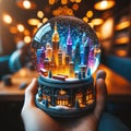 Hand holding snow globe with illuminated city skyline inside, bokeh background.Generative AI 300 C Royalty Free Stock Photo