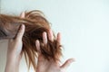 Close up hand holding dry damaged hair Royalty Free Stock Photo