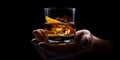 Close-up of hand holding glass of whiskey with ice. darkness and mystery in luxury alcohol drinking. ideal beverage for Royalty Free Stock Photo