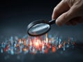 Close-up hand holding a magnifying glass over an abstract data visualization with colorful light patterns, emphasizing focus and Royalty Free Stock Photo