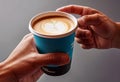 Close-up of a hand holding a paper cup with coffee, mockup illustration for design, Royalty Free Stock Photo