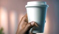 Close-up of a hand holding a paper cup with coffee, mockup illustration for design, Royalty Free Stock Photo