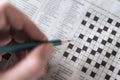 Close up hand holding pencil over crossword puzzle on newspaper. Game on for writing some letters to solve. Royalty Free Stock Photo