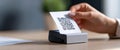 Close-up of a hand holding a printed QR code receipt from a small portable printer on a wooden table in a modern indoor setting Royalty Free Stock Photo