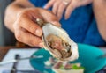 Close-up a hand holding raw oyster restaurant fresh seafood appertize