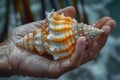 Close-up of a hand holding a seashell to the ear evoking the sea