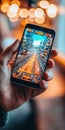 Close-up of Hand Holding Smartphone Displaying Vibrant Mobile Game in Blurred Cafe Setting
