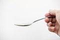 Close-up hand holding stainless spoon on white background