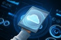 Close up of hand holding tablet with glowing cloud computing hologram on dark background. Royalty Free Stock Photo