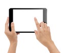 Close-up hand holding tablet isolated white background clipping