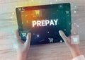 Close-up of a hand holding tablet with shopping inscription Royalty Free Stock Photo