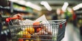 Close-up of a hand holding a trolley in a supermarket, concept of Customer's choices