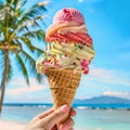 close-up of a hand with ice cream in a waffle cone against the background of the beach and palms, concept of summer Royalty Free Stock Photo