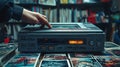 Close-up of hand inserting VHS cassette into vintage VCR machine Royalty Free Stock Photo