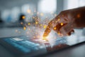 Close-up of hand interacting with futuristic digital interface on tablet device featuring glowing network nodes and abstract data Royalty Free Stock Photo