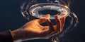 Hand holding futuristic holographic interface with glowing energy swirls against dark background, technology concept, digital Royalty Free Stock Photo