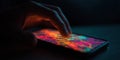 Close-up of a hand interacting with an illuminated smartphone screen showcasing vibrant abstract patterns at night Royalty Free Stock Photo