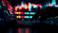 a shadowy hand navigates a laptop displaying complex data visualizations, illuminated by vibrant red and teal hues in a modern, di Royalty Free Stock Photo