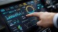 Close-up of a hand interacting with a modern car dashboard display, showcasing vibrant data visualizations and controls Royalty Free Stock Photo