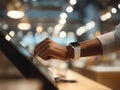 Close-up of a hand interacting with a touchscreen device, showcasing a smartwatch on the wrist, in a modern, well-lit environment Royalty Free Stock Photo