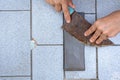 close up hand with Knife sharpener on rock Royalty Free Stock Photo