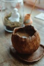 Close-up hand made brown coffee cup and aromatic stick Royalty Free Stock Photo