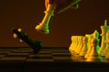 Close-up hand makes a move, check and checkmate, chess, chessboard, game, confrontation. career, promotion, startup crisis