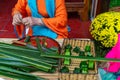 Close up of hand making spousal cake Phu The for wedding traditional in Vietnam. Food and culture concept