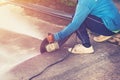 Close up hand man cutting concrete floor with machine Royalty Free Stock Photo