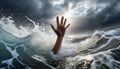 Hand of a Man Sinking in the Stormy Sea - Generative Ai