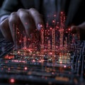 A close-up of a hand manipulating a futuristic digital interface, visualizing data through glowing red lights and circuitry