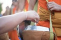 close-up on hand offer sticky rice to the monks bowl