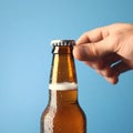 Close-up of a hand opening a cold beer bottle against a blue background Royalty Free Stock Photo
