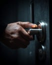 Close-up of hand opening door with modern handle, security system with dramatic lighting Royalty Free Stock Photo