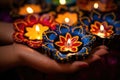 close-up on hand painted diwali diyas