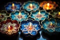 close-up on hand painted diwali diyas