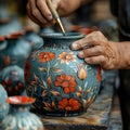 Close-up of a hand painting a ceramic vase showcasing craft